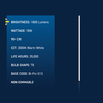 18W 4ft T8 Warm White G13 Base Non-Dimmable LED Linear Light Tube (10 Pack)