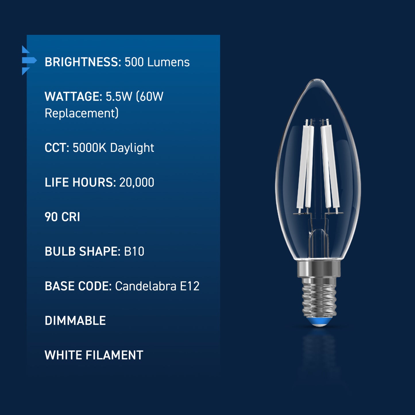60W Replacement B10 White Filament Daylight Candelabra E12 Base Dimmable LED Light Bulb (3-Pack)