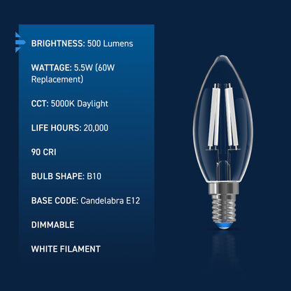60W Replacement B10 White Filament Daylight Candelabra E12 Base Dimmable LED Light Bulb (3-Pack)