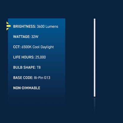 32W 4ft T8 Cool Daylight G13 Base Non-Dimmable LED Linear Light Tube (10 Pack)