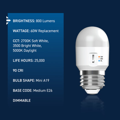 60W Replacement Mini Switchable White Medium E26 Base Dimmable LED Light Bulb (3-Pack)