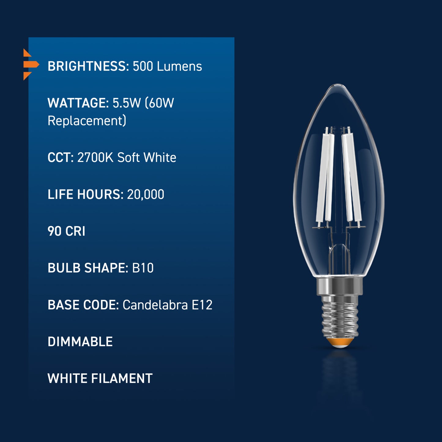 60W Replacement B10 White Filament Soft White Candelabra E12 Base Dimmable LED Light Bulb (3-Pack)
