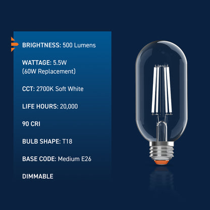 60W Replacement T18 White Filament Soft White Medium E26 Base Dimmable LED Light Bulb (2-Pack)