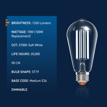 100W Replacement ST19 White Filament Soft White Medium E26 Base Dimmable LED Light Bulb (2-Pack)