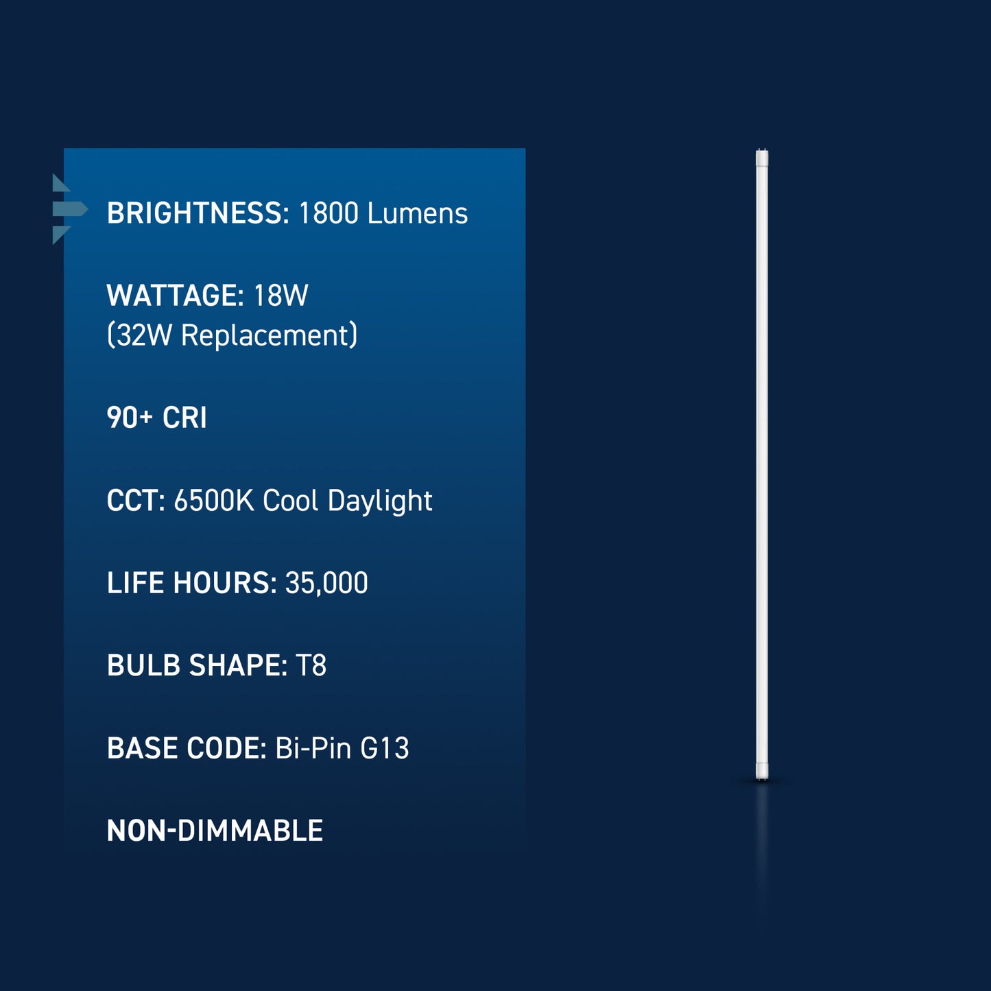 18W 4ft T8 Cool Daylight G13 Base Non-Dimmable LED Linear Light Tube (25 Pack)