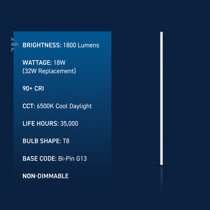 18W 4ft T8 Cool Daylight G13 Base Non-Dimmable LED Linear Light Tube (25 Pack)