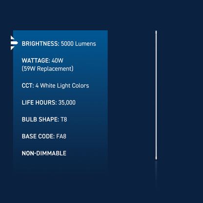 40W 8ft T8 Switchable White FA8 Base Non-Dimmable LED Linear Light Tube (2 Pack)