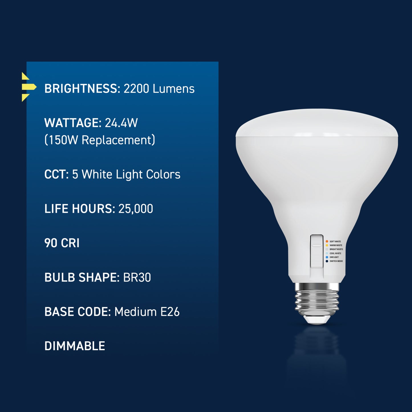 150W Replacement BR30 Super Bright 5 Shades + Switch Mode Medium E26 Base Dimmable LED Light Bulb (2-Pack)