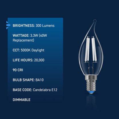 40W Replacement BA10 White Filament Daylight Candelabra E12 Base Dimmable LED Light Bulb (3-Pack)