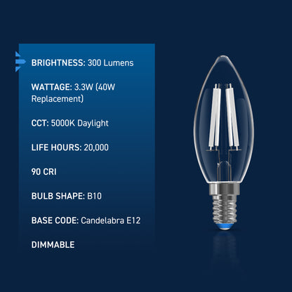 40W Replacement B10 White Filament Daylight Candelabra E12 Base Dimmable LED Light Bulb (3-Pack)
