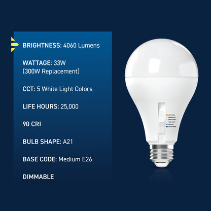 300W Replacement A23 Super Bright 5 Shades + Switch Mode Medium E26 Base Dimmable LED Light Bulb