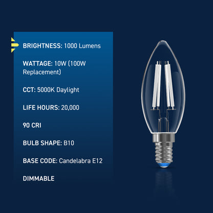 100W Replacement B10 Super Bright White Filament Daylight Candelabra E12 Base Dimmable LED Light Bulb (3-Pack)