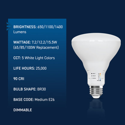 65/85/100W Replacement BR30 Adjustable Brightness 5 Shades + Switch Mode Medium E26 Base Dimmable LED Light Bulb (2-Pack)