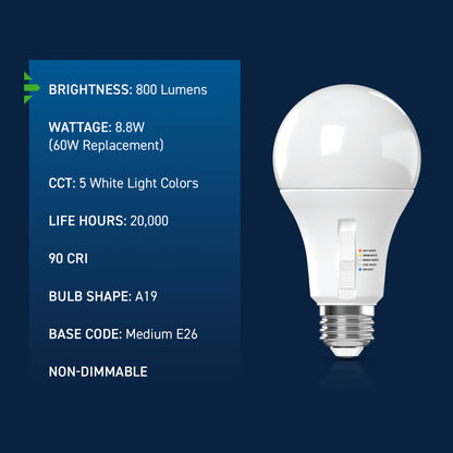 60W Replacement A19 Motion Activated Switchable White Medium E26 Base Non-Dimmable LED Light Bulb