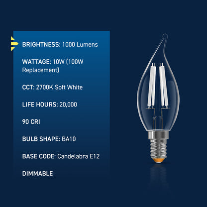 100W Replacement BA10 Super Bright White Filament Soft White Candelabra E12 Base Dimmable LED Light Bulb (3-Pack)