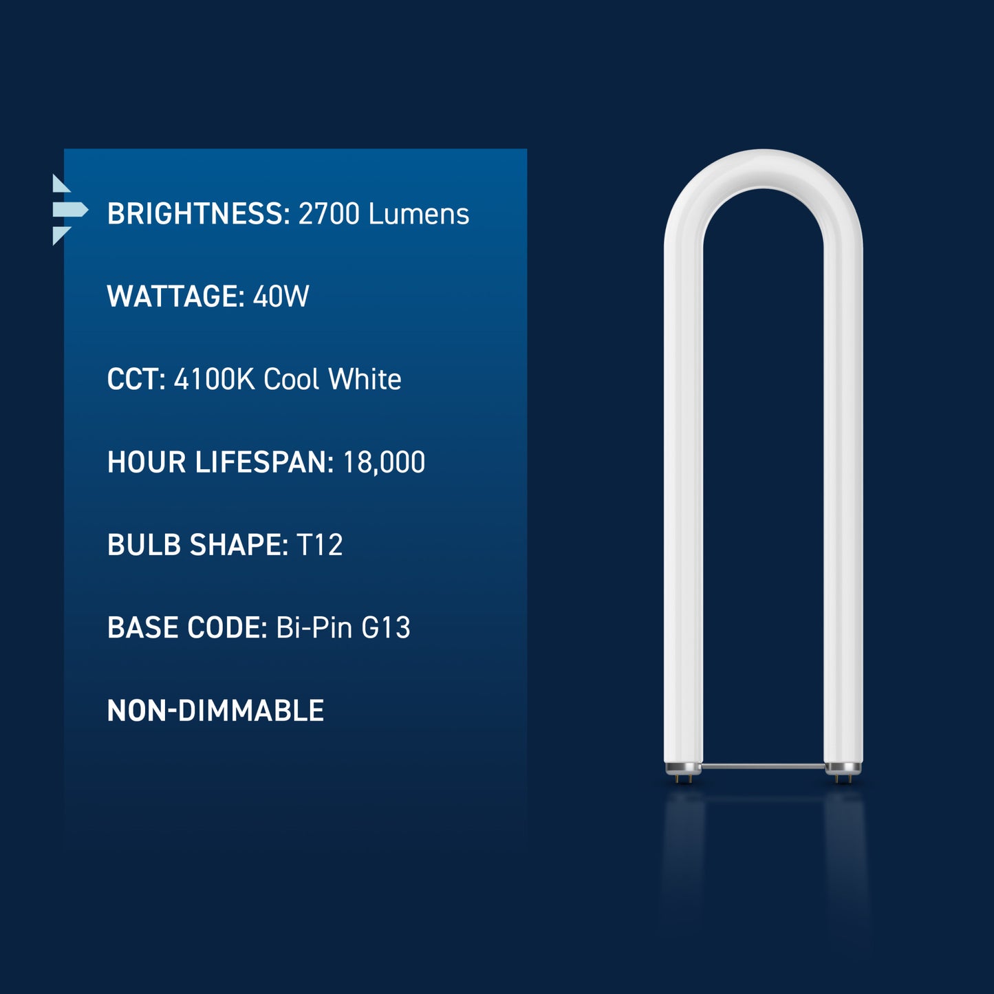 40W 2ft T12 Cool White G13 Base Non-Dimmable U-Bend Fluorescent Light Tube