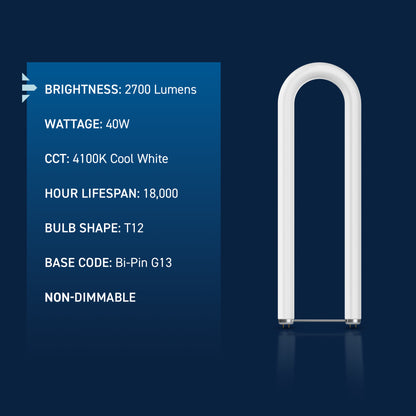 40W 2ft T12 Cool White G13 Base Non-Dimmable U-Bend Fluorescent Light Tube