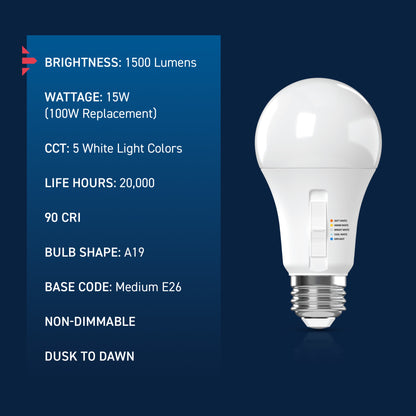 100W Replacement A19 Dusk to Dawn Switchable White Medium E26 Base Non-Dimmable LED Light Bulb