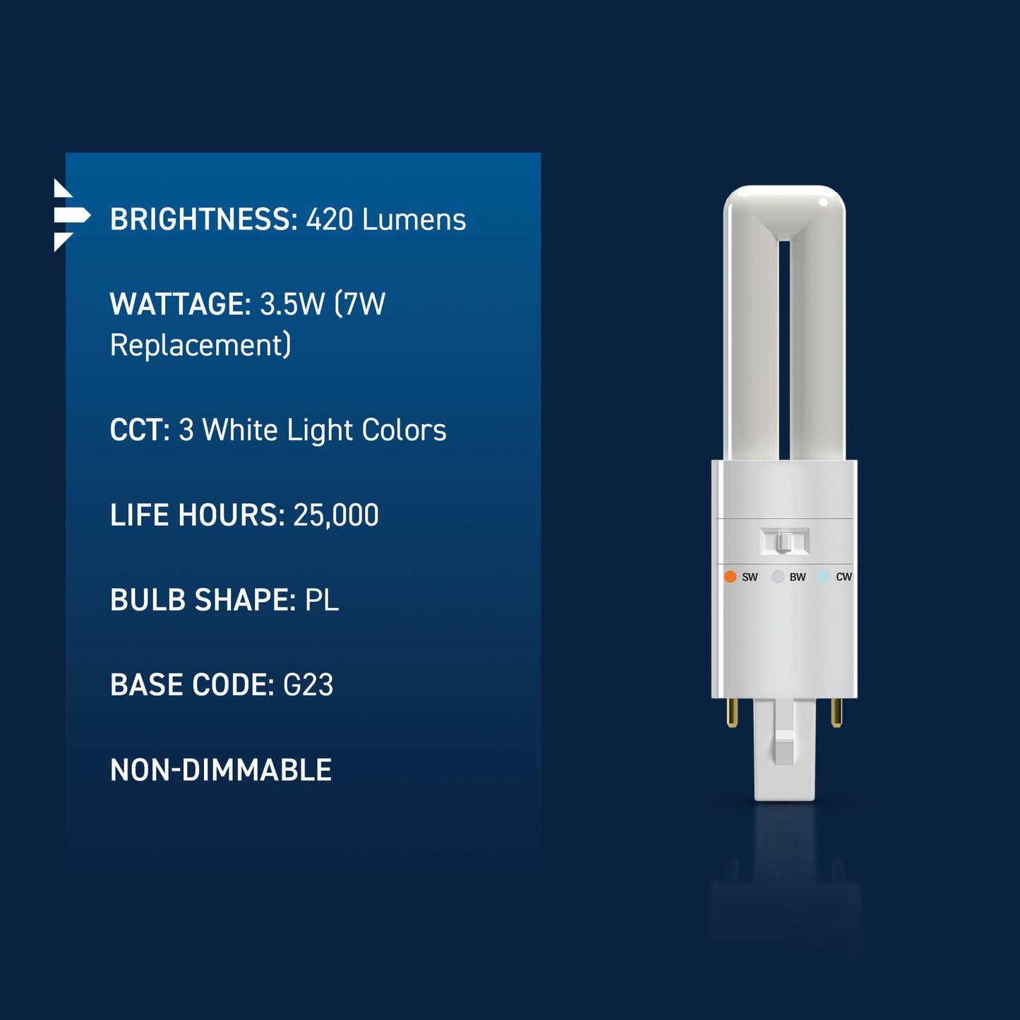 7W Replacement Twin Tube PL G23 Base 3 Shades LED Light Bulb