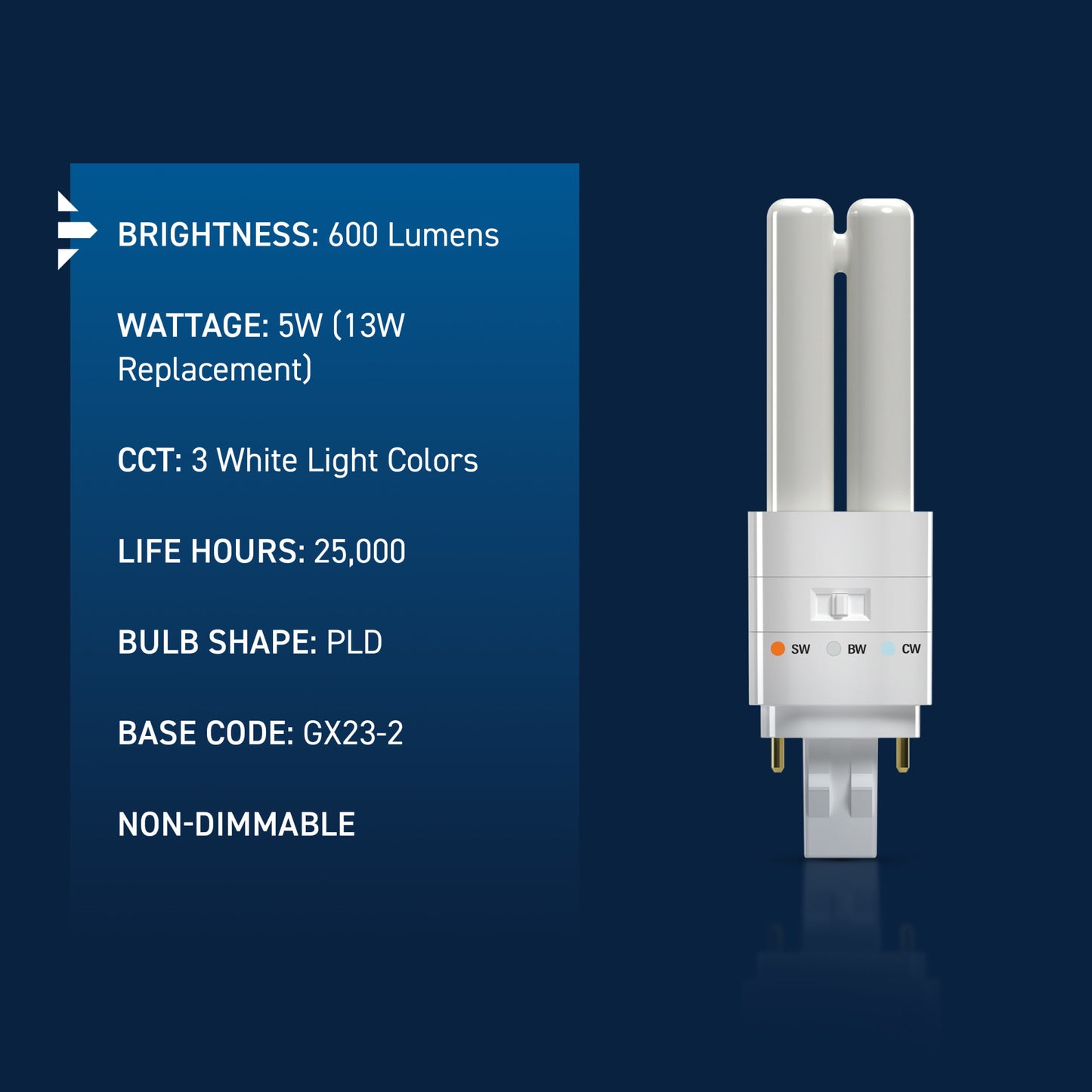 13W Replacement Double Twin Tube PL GX23-2 Base 3 Shades LED Light Bulb