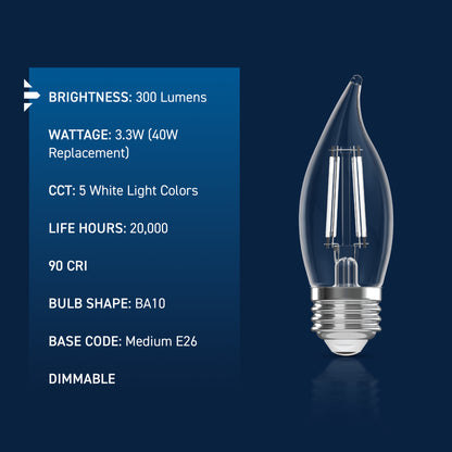 40W Replacement BA10 White Filament Switchable White Medium E26 Base Dimmable LED Light Bulb (3-Pack)