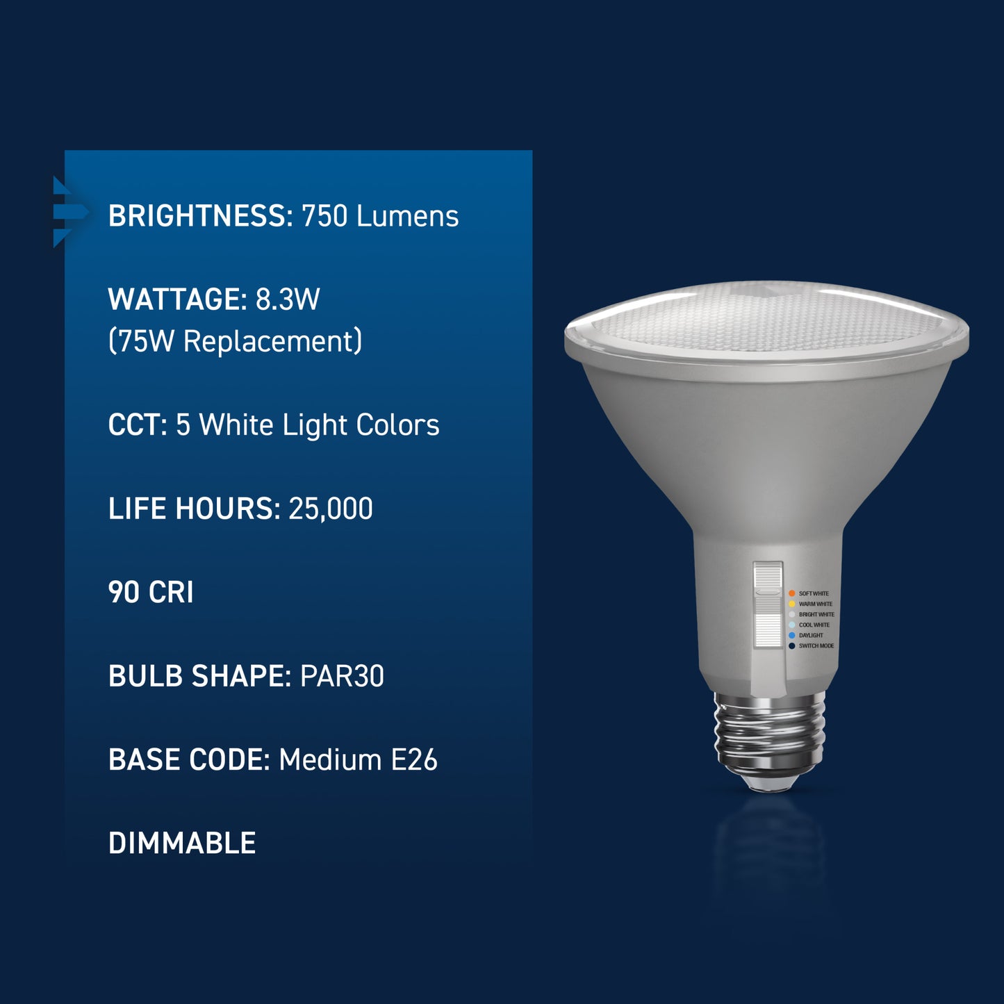 75W Replacement PAR30 5 Shades + Switch Mode Medium E26 Base Dimmable LED Light Bulb (2-Pack)