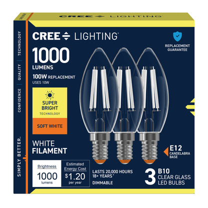 100W Replacement B10 Super Bright White Filament Soft White Candelabra E12 Base Dimmable LED Light Bulb (3-Pack)