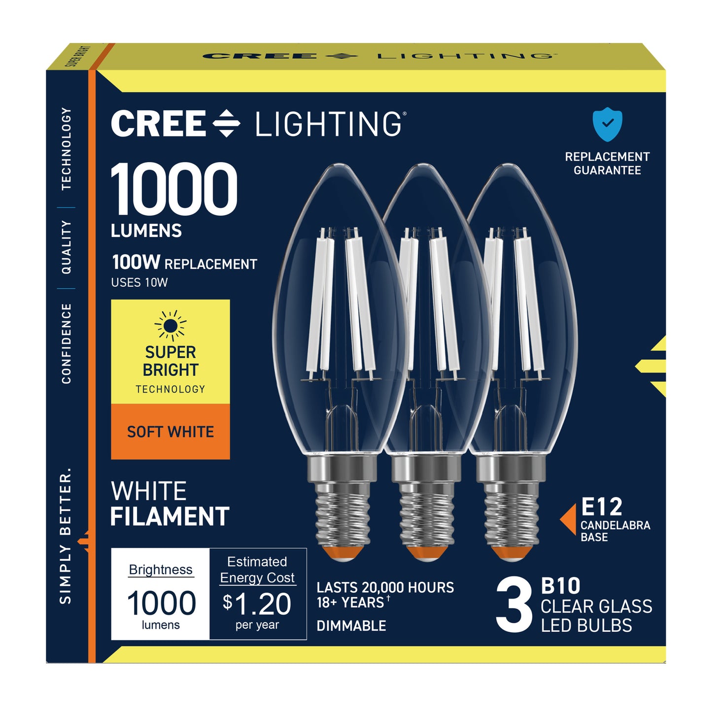 100W Replacement B10 Super Bright White Filament Soft White Candelabra E12 Base Dimmable LED Light Bulb (3-Pack)