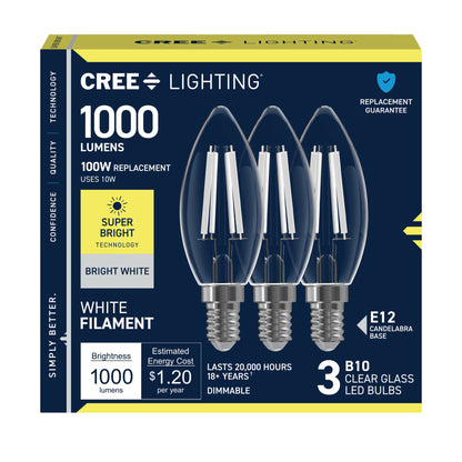 100W Replacement B10 Super Bright White Filament Bright White Candelabra E12 Base Dimmable LED Light Bulb (3-Pack)