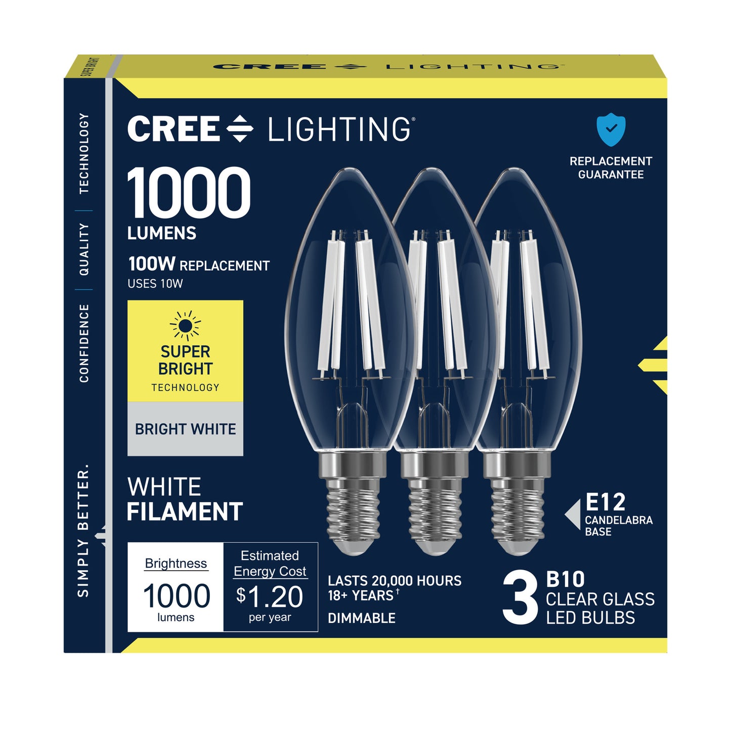 100W Replacement B10 Super Bright White Filament Bright White Candelabra E12 Base Dimmable LED Light Bulb (3-Pack)