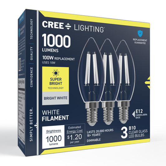 100W Replacement B10 Super Bright White Filament Bright White Candelabra E12 Base Dimmable LED Light Bulb (3-Pack)