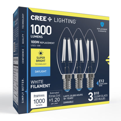 100W Replacement B10 Super Bright White Filament Daylight Candelabra E12 Base Dimmable LED Light Bulb (3-Pack)