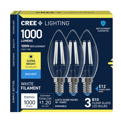 100W Replacement B10 Super Bright White Filament Daylight Candelabra E12 Base Dimmable LED Light Bulb (3-Pack)