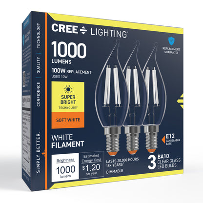 100W Replacement BA10 Super Bright White Filament Soft White Candelabra E12 Base Dimmable LED Light Bulb (3-Pack)