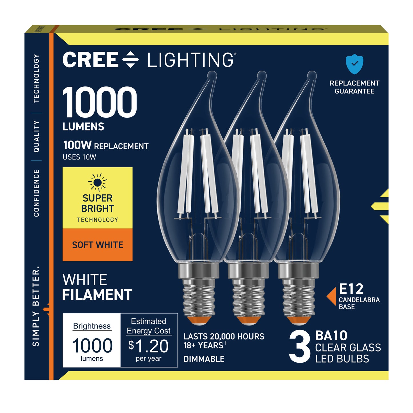 100W Replacement BA10 Super Bright White Filament Soft White Candelabra E12 Base Dimmable LED Light Bulb (3-Pack)