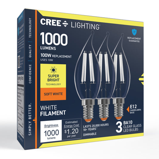 100W Replacement BA10 Super Bright White Filament Soft White Candelabra E12 Base Dimmable LED Light Bulb (3-Pack)