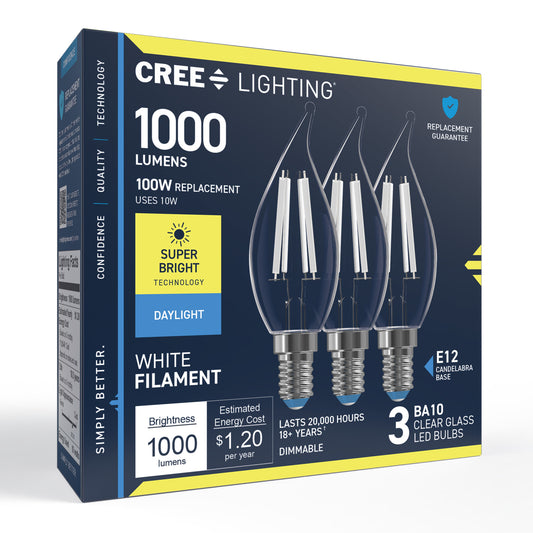 100W Replacement BA10 Super Bright White Filament Daylight Candelabra E12 Base Dimmable LED Light Bulb (3-Pack)