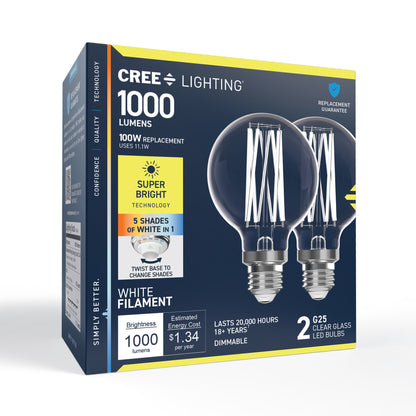 100W Replacement G25 Super Bright White Filament Switchable White Medium E26 Base Dimmable LED Light Bulb (2-Pack)