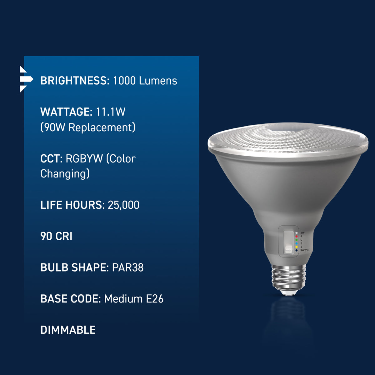 90W Replacement PAR38 Color Changing + White Medium E26 Base Dimmable LED Light Bulb