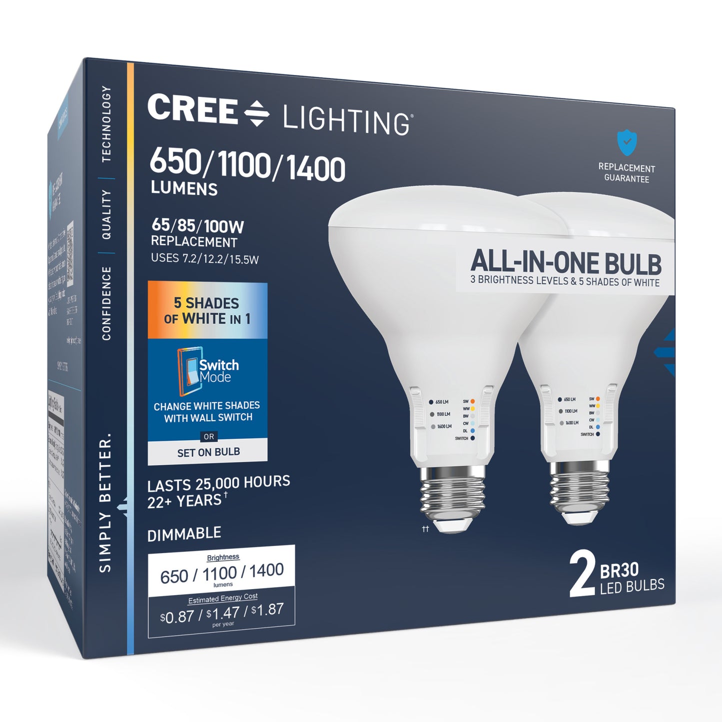 65/85/100W Replacement BR30 Adjustable Brightness 5 Shades + Switch Mode Medium E26 Base Dimmable LED Light Bulb (2-Pack)