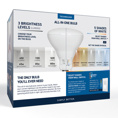 65/85/100W Replacement BR30 Adjustable Brightness 5 Shades + Switch Mode Medium E26 Base Dimmable LED Light Bulb (2-Pack)