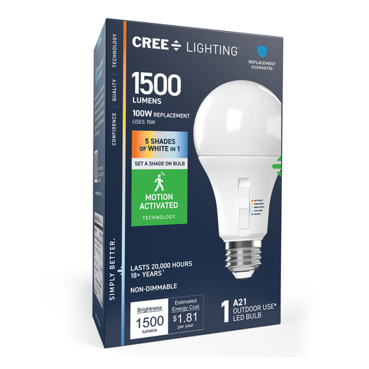 100W Replacement A19 Motion Activated Switchable White Medium E26 Base Non-Dimmable LED Light Bulb