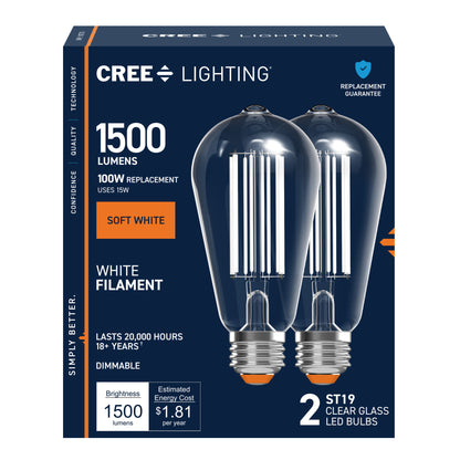 100W Replacement ST19 White Filament Soft White Medium E26 Base Dimmable LED Light Bulb (2-Pack)