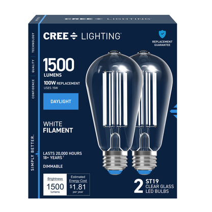 100W Replacement ST19 White Filament Daylight Medium E26 Base Dimmable LED Light Bulb (2-Pack)