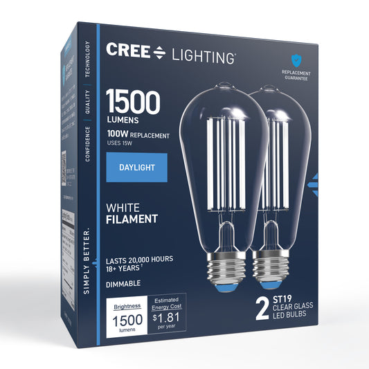 100W Replacement ST19 White Filament Daylight Medium E26 Base Dimmable LED Light Bulb (2-Pack)