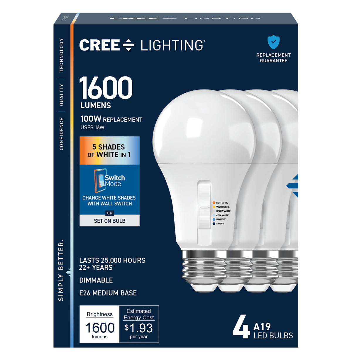 100W Replacement A19 5 Shades + Switch Mode Medium E26 Base White LED Light Bulb (4-Pack)