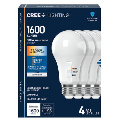 100W Replacement A19 5 Shades + Switch Mode Medium E26 Base White LED Light Bulb (4-Pack)