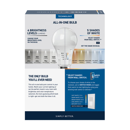 40/60/75/100W Replacement A19 Adjustable Brightness 5 Shades + Switch Mode Medium E26 Base Dimmable LED Light Bulb (4-Pack)