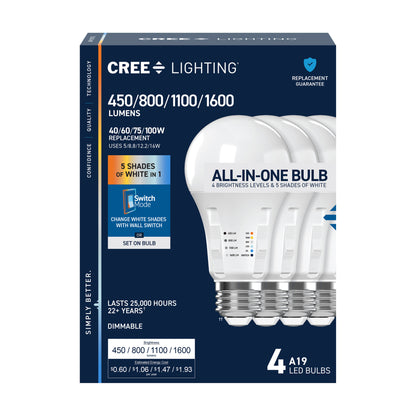 40/60/75/100W Replacement A19 Adjustable Brightness 5 Shades + Switch Mode Medium E26 Base Dimmable LED Light Bulb (4-Pack)