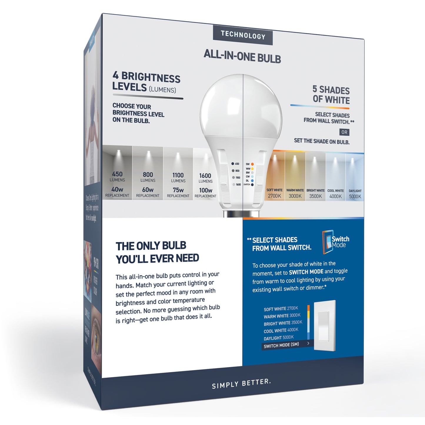 40/60/75/100W Replacement A19 Adjustable Brightness 5 Shades + Switch Mode Medium E26 Base Dimmable LED Light Bulb (4-Pack)